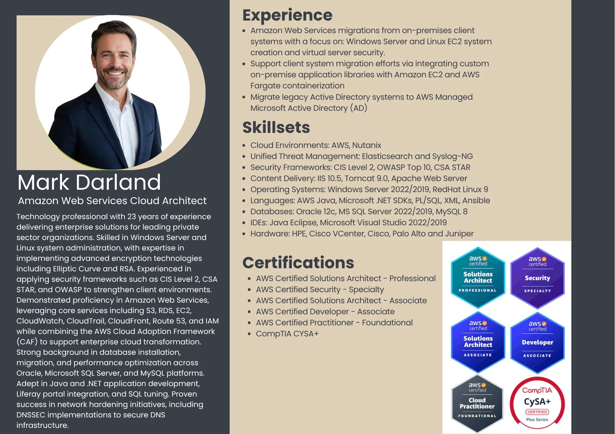 Mark Darland CompTIA Certified Cybersecurity Analyst resume detailing AWS Cloud Architect experience, skillsets, and certifications